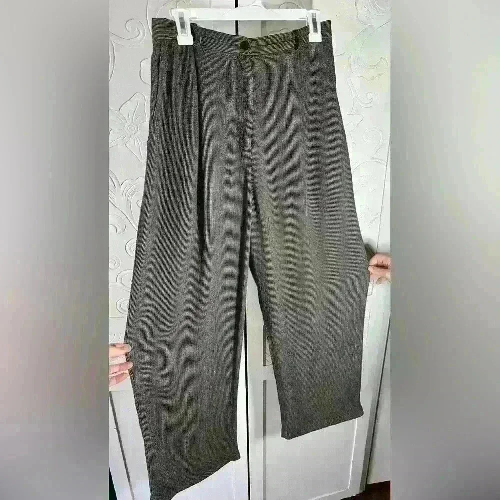 Eileen Fisher Linen Blend Wide Leg Trouser Zip fly Partial Elastic waist Sz S